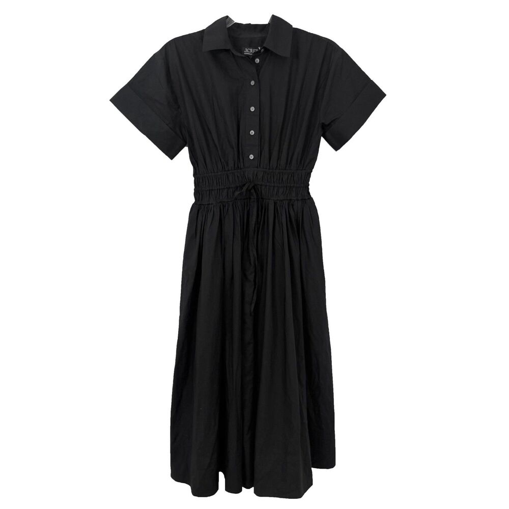 J.CREW Elena Shirt-Dress Cotton Poplin 00P Black Elastic Waist Fit Flare NWT B97 - Picture 2 of 6